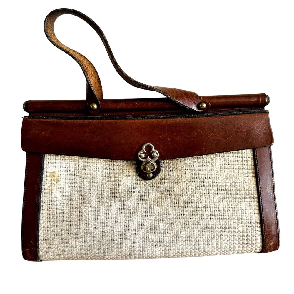 Vintage John Romain The Vouge Handbag 70s Sturdy Leather Tweed Brown Cream